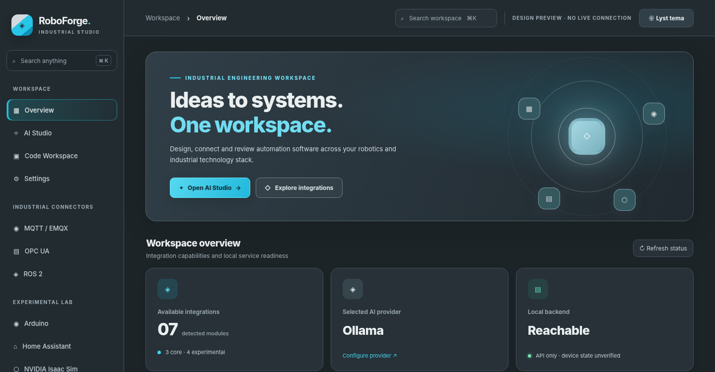 Dark graphite and cyan design preview of RoboForge's engineering overview